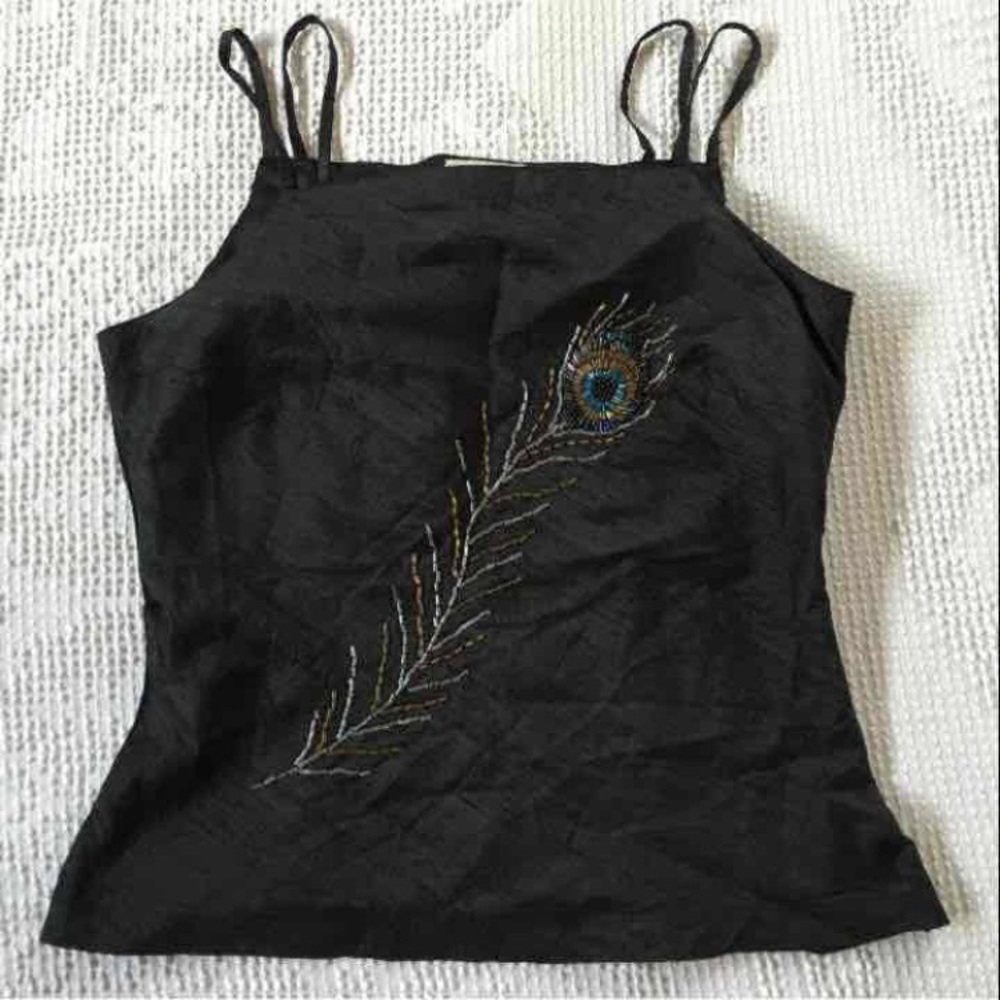Raw silk black cami top beaded feather